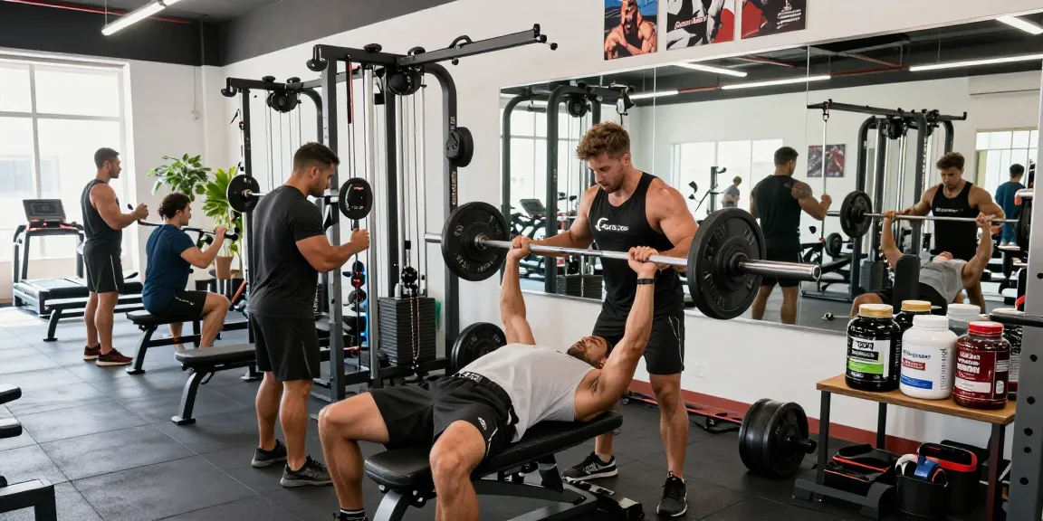 Bodybuilder im Anabolika Shop bei einer Trainingseinheit mit Gewichten und Proteinshakes.