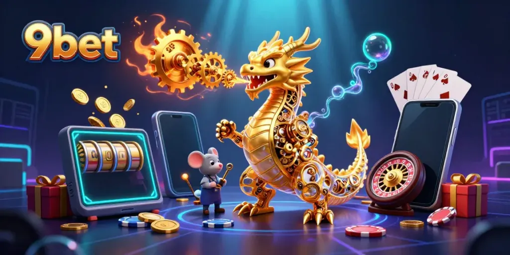 9bet's captivating casino scene with a mechanical dragon and vibrant game elements creating excitement.
