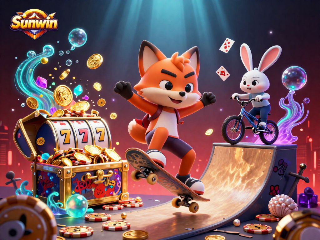 Sunwin captures excitement with a skateboarder fox and BMX rabbit in a dynamic casino scene featuring slots.