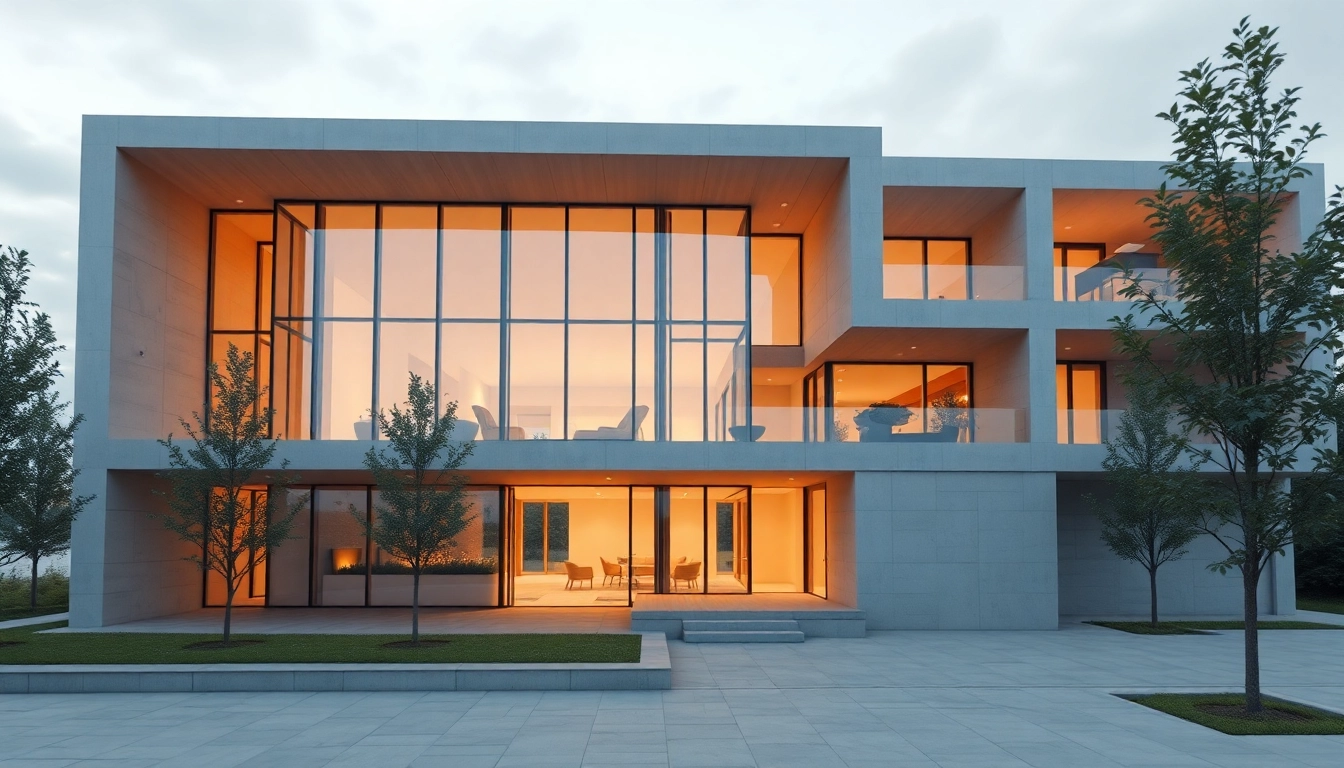 Fotorealistische Architekturvisualisierung, die einen modernen Gebäudeentwurf in einem lebendigen Umfeld zeigt.