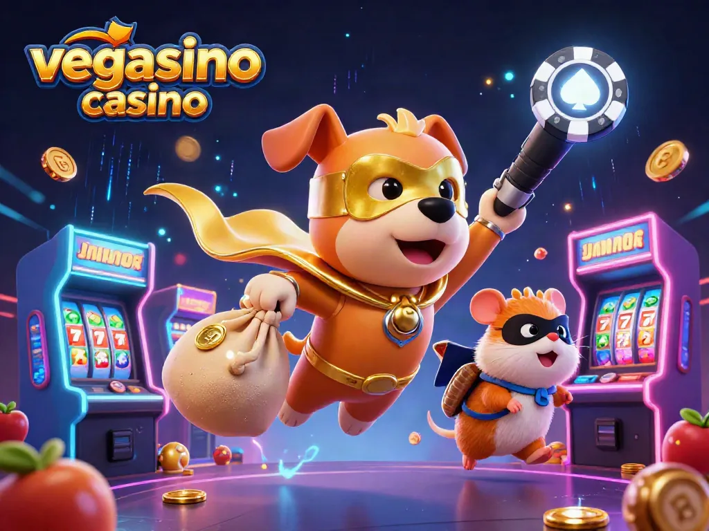 Experience winning at vegasino casino with playful imagery of a superhero dog and hamster in an exciting scene.