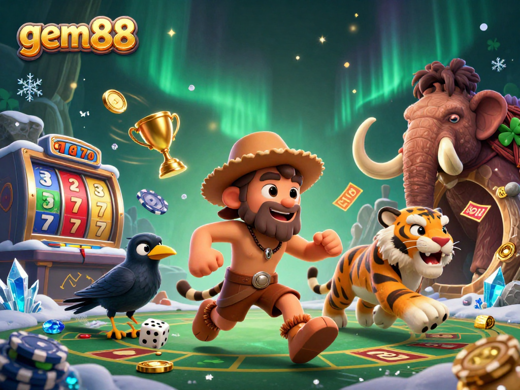 Engaging scene of gem88's unique casino experience featuring lively 3D characters and dynamic gaming elements.