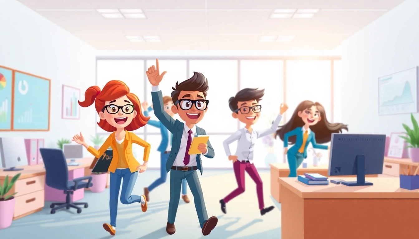 Creating engaging Unternehmensanimation showcasing vibrant 2D characters in an animated business environment.