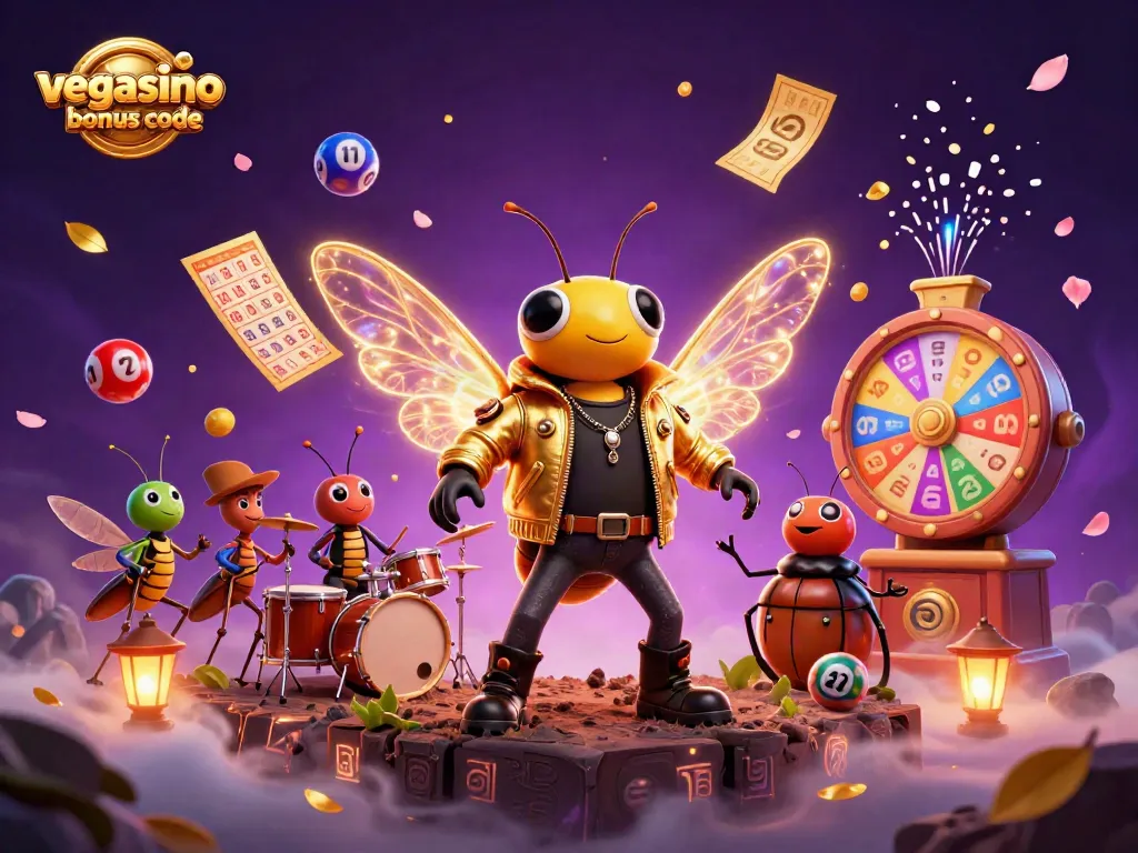 Experience the vibrant Vegasino bonus code scene with dynamic lottery elements and electric characters.