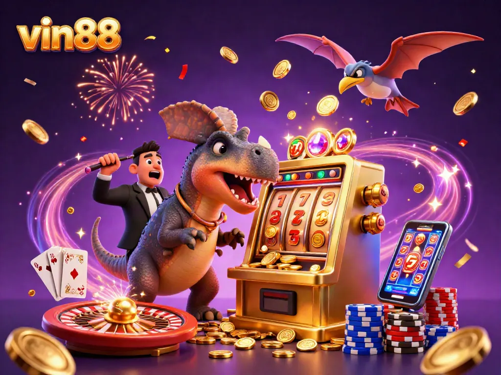 vin88 features a cartoon dinosaur hitting a slot machine for a jackpot while coins fly around