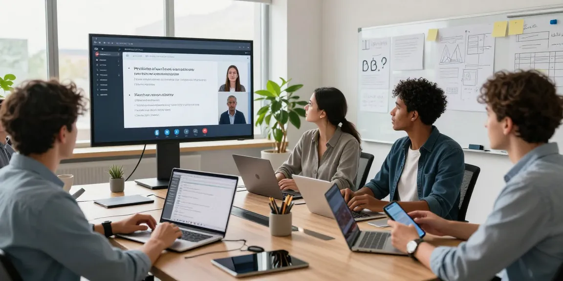 Professionelles Team bei einem virtuellen Meeting mit AI-Transkriptionssoftware zur Echtzeitübersetzung in einem modernen Büro.