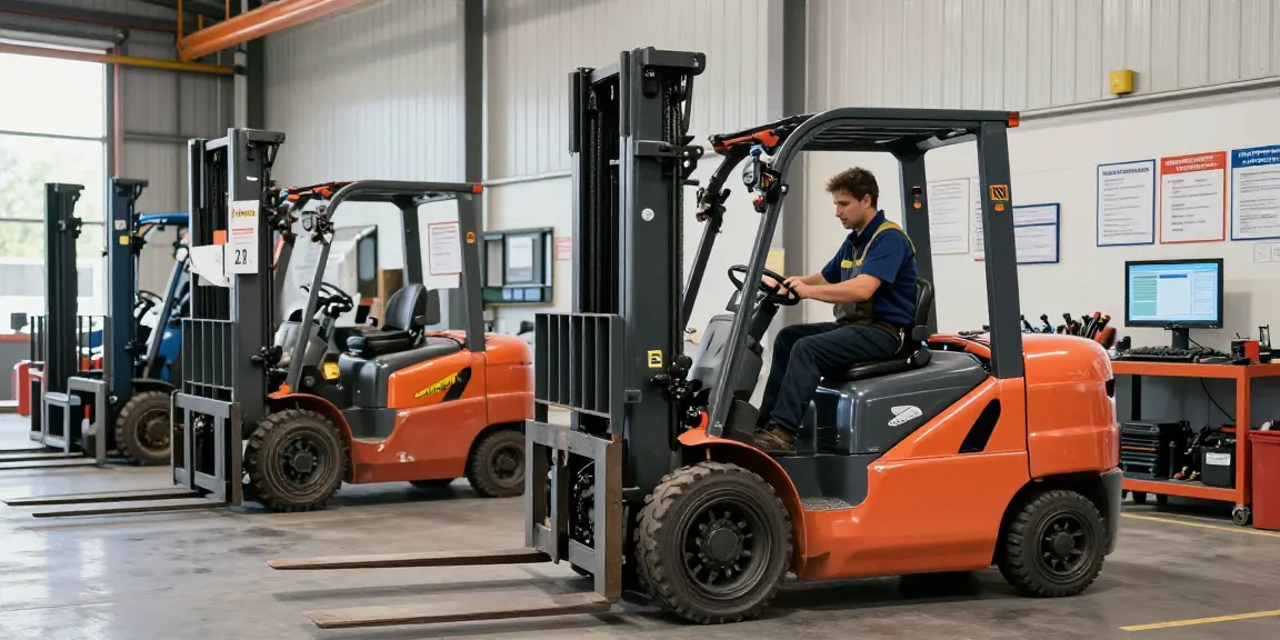 Techniker prüft einen gebrauchten Jungheinrich Gabelstapler in einer hellen Industriewerkstatt.