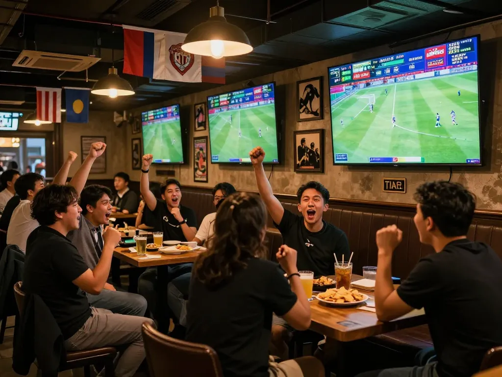 Fans discussing tỷ lệ kèo bóng đá at a lively sports bar during a match.