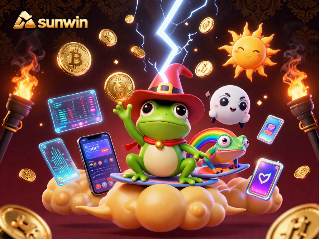 Bet on the storm of golden coins with sunwin, featuring a wizard frog and chameleon in action.