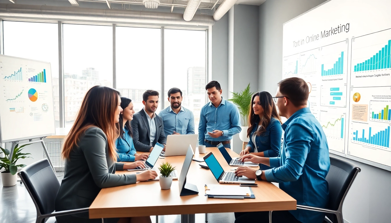 Online Marketing strategists collaborating in a vibrant office setting.