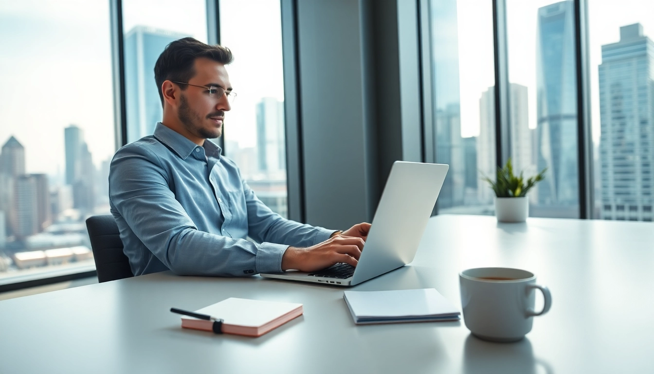 Personalberater arbeitet konzentriert in modernem Büro mit Stadtblick.
