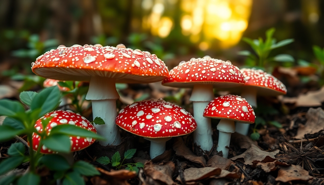 Fliegenpilz pulver an frischen Amanita muscaria mit rotem Hut und weißen Flecken, im Wald.