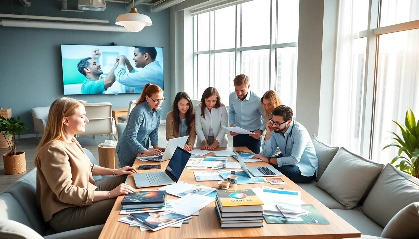 Creative team brainstorming in a werbeagentur pflege focused office.