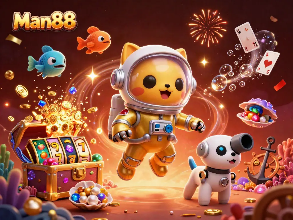 Experience thrilling gaming excitement with Man88, featuring vibrant slot reels and enchanting characters.
