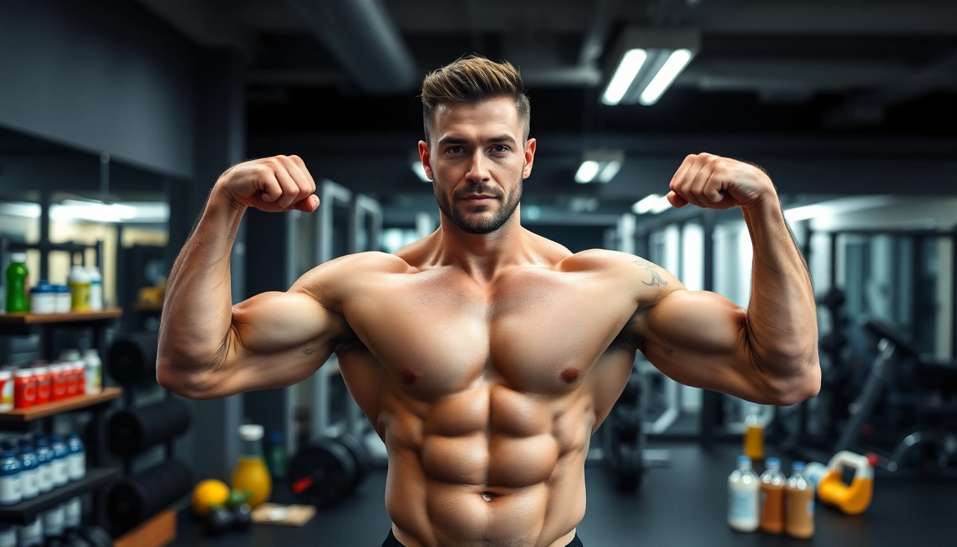 Bild eines muskulösen Bodybuilders mit Unique Pharma Steroids im Fitnessstudio