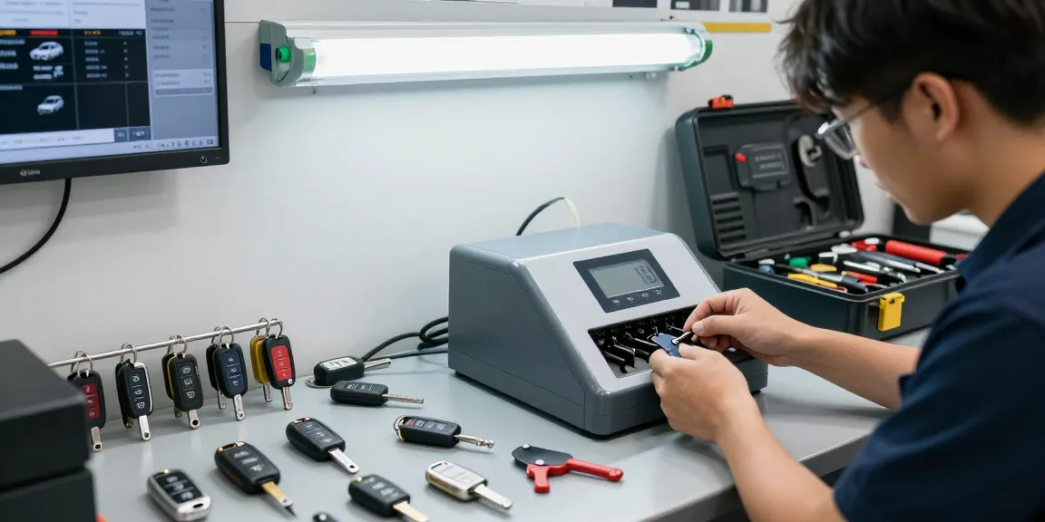 Techniker bei der Schlüsselduplikation für Autos, sehen Sie hier die vielfältigen Schlüsselmodelle und Werkzeuge sichtbar.