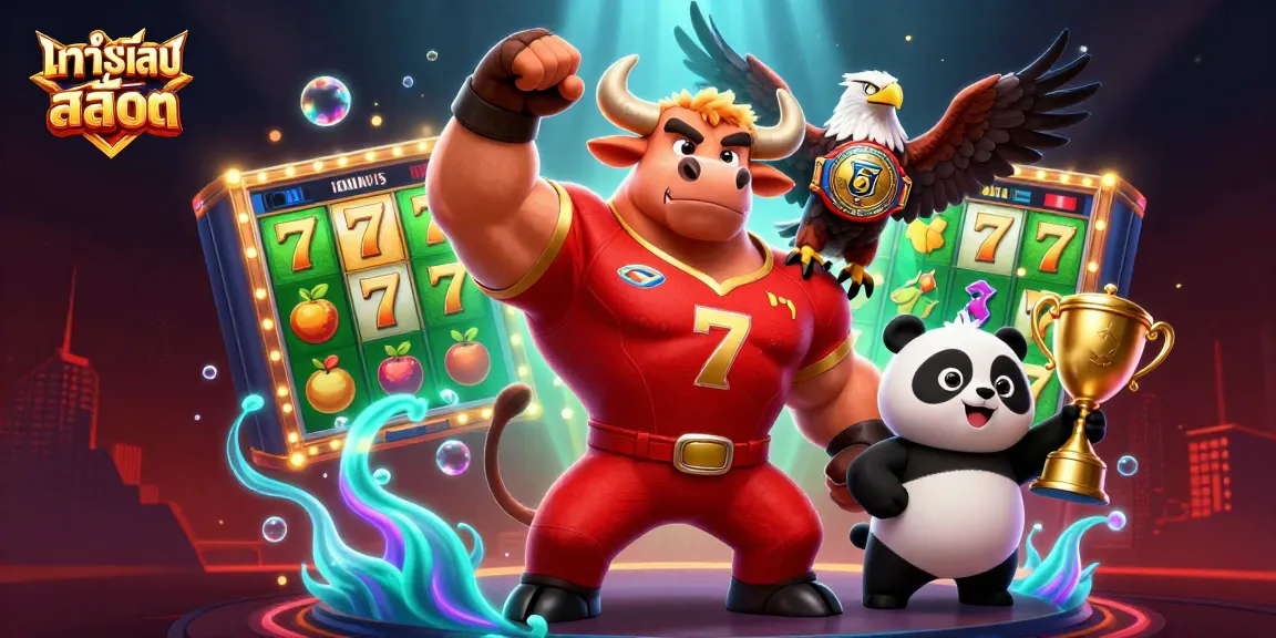 Experience ทดลองเล่นสล็อต with a dynamic 3D illustration featuring winning characters and casino elements in action.