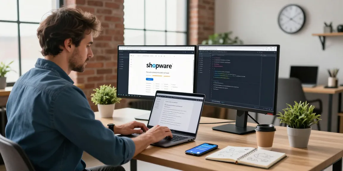 Shopware-Freelancer entwickelt einen Online-Shop in einem modernen E-Commerce-Arbeitsbereich.