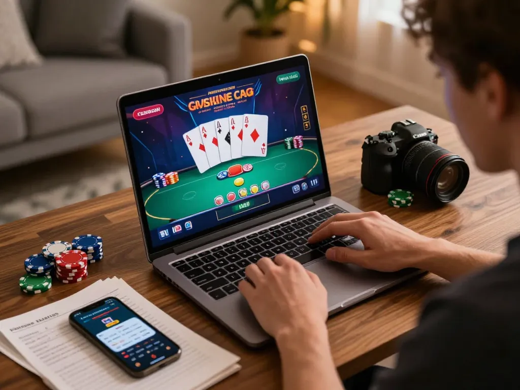 Engaged player using Man 88 online gambling platform on a laptop, showcasing poker strategy.