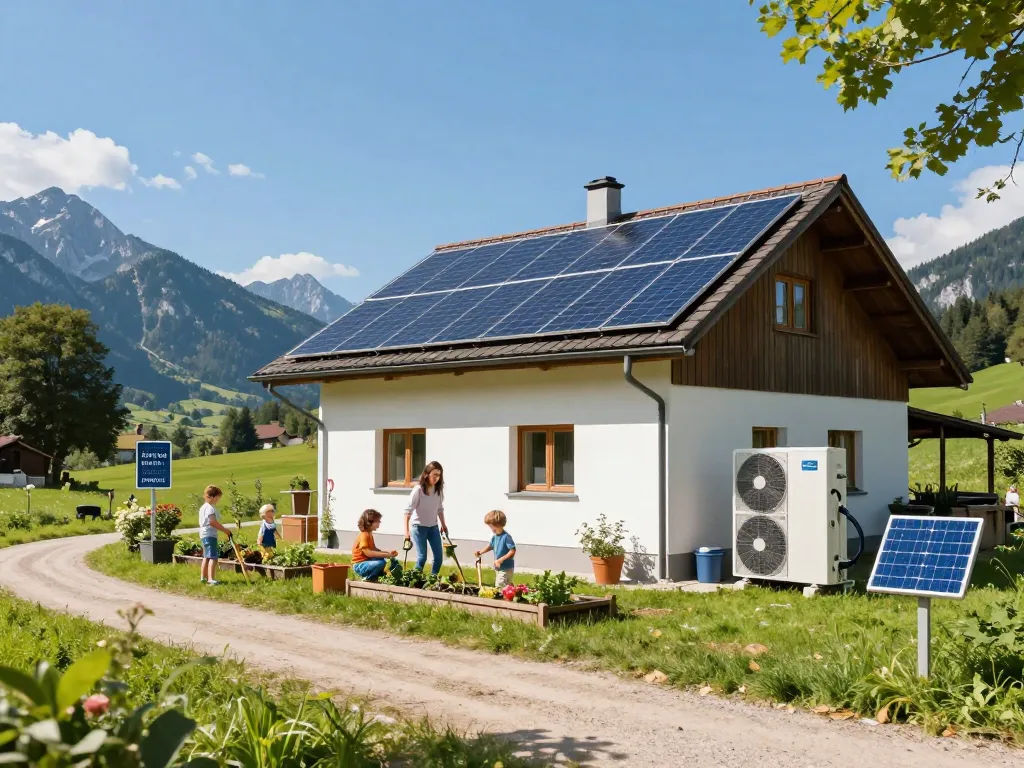 Photovoltaik Bayern - Ein modernes bayerisches Haus mit Solarpanelen und einer energieeffizienten Wärmepumpe in einer sonnigen Landschaft.