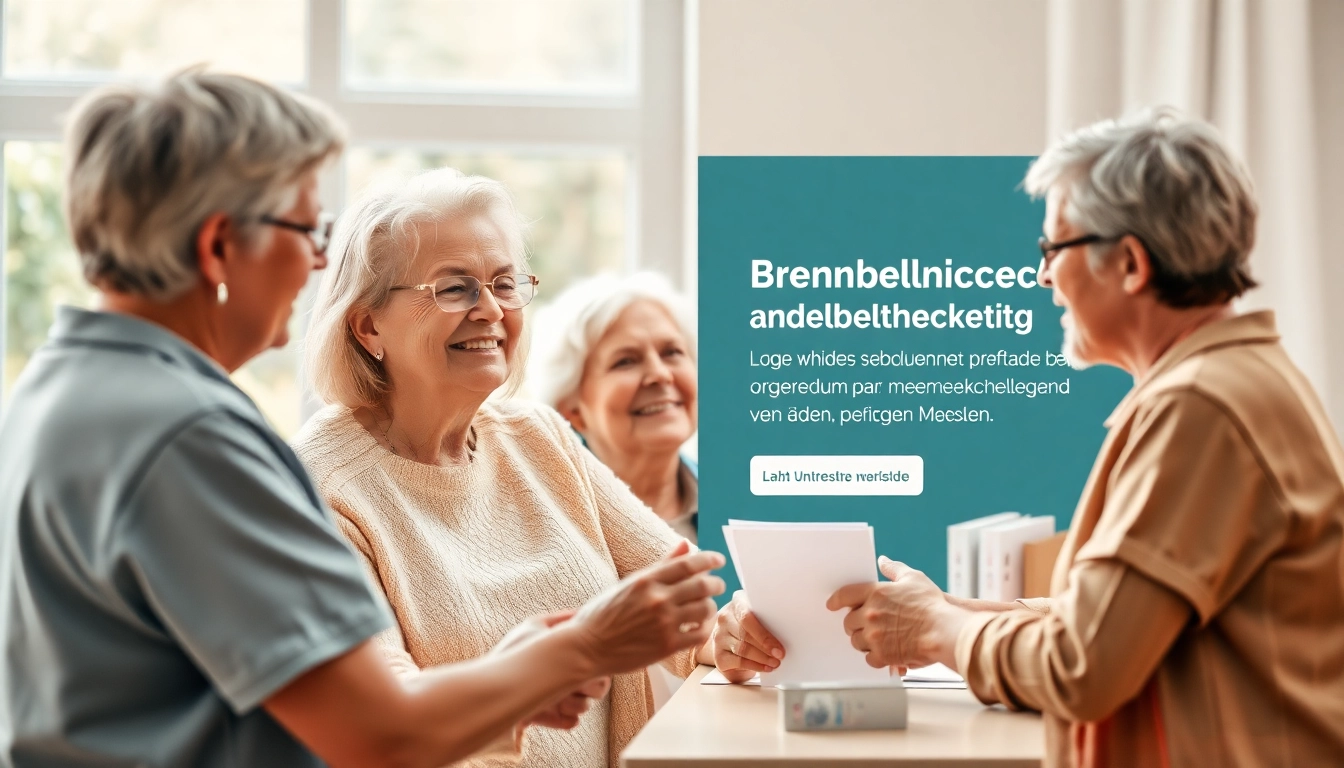 Werbung Pflegedienst: Kreatives Werbematerial zeigt fürsorgliches Pflegepersonal und zufriedene Senioren