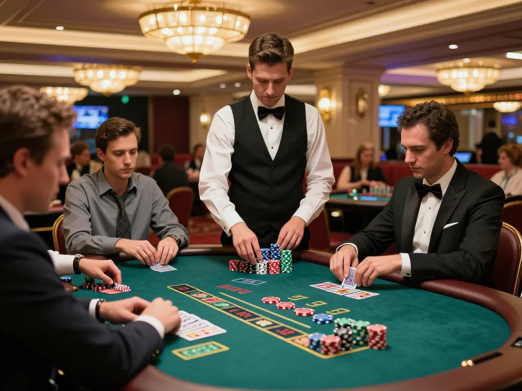 Người chơi lập chiến lược tại bàn blackjack LUCK8, chip được xếp chồng và bài được chia trong bầu không khí casino sang trọng.