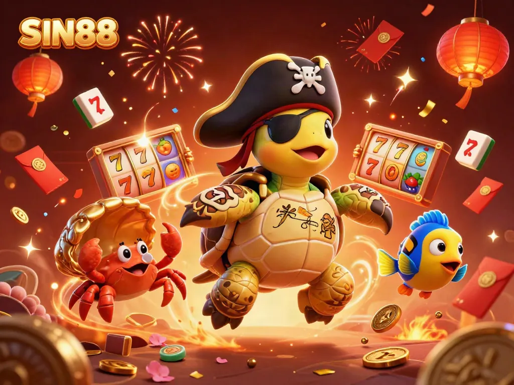 SIN88 showcases thrilling gaming action with a cartoon turtle and friends celebrating jackpot wins.