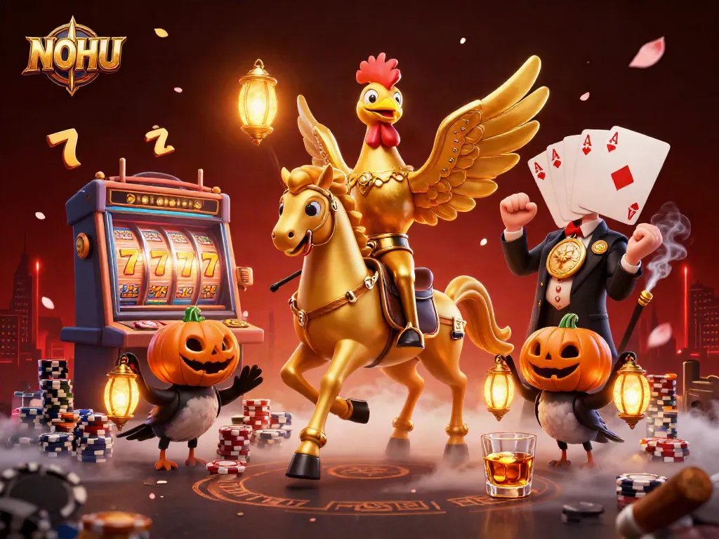Engage in thrilling NOHU slot games while enjoying vibrant casino visuals featuring golden rooster and spectral horse.