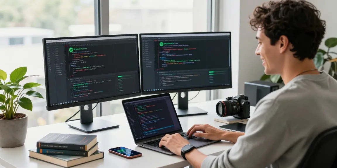 Engaging workspace showcasing the spotify mod interface, featuring a person working with dual monitors and a laptop in a modern office.