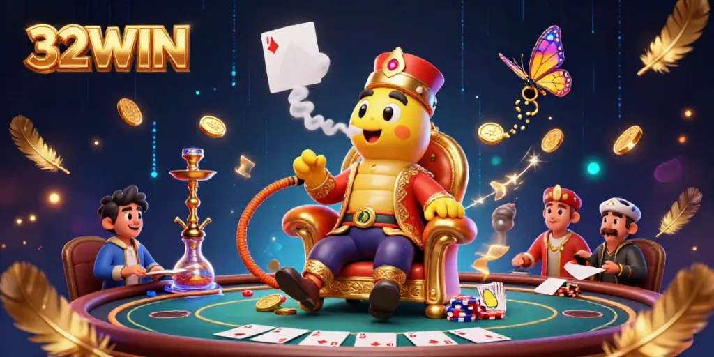 Engaging casino-themed illustration featuring 32WIN with poker elements and vibrant characters.