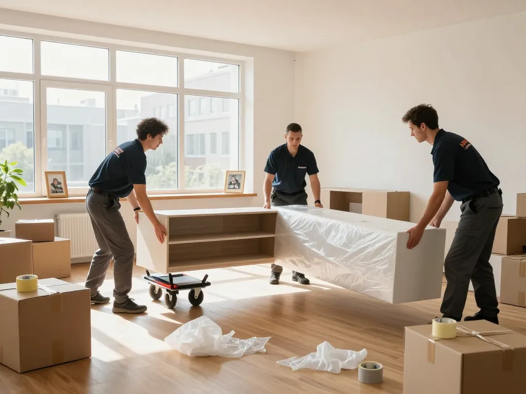 Professionelles Team von Umzugshelfern in Hannover, das Kartons effizient packt und stressfreie Umzugsservices präsentiert.
