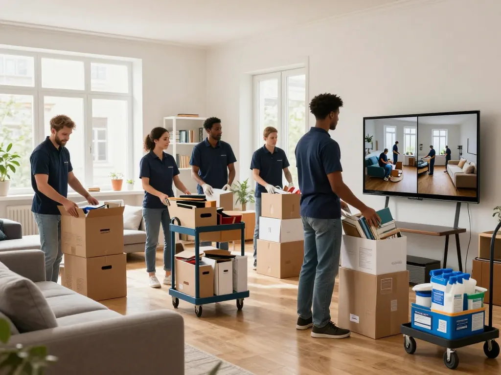 Räumung Wien durch ein professionelles Entrümpelungsteam, das eine Wohnung mit organisierten Haushaltsgegenständen und hellem natürlichem Licht verwandelt