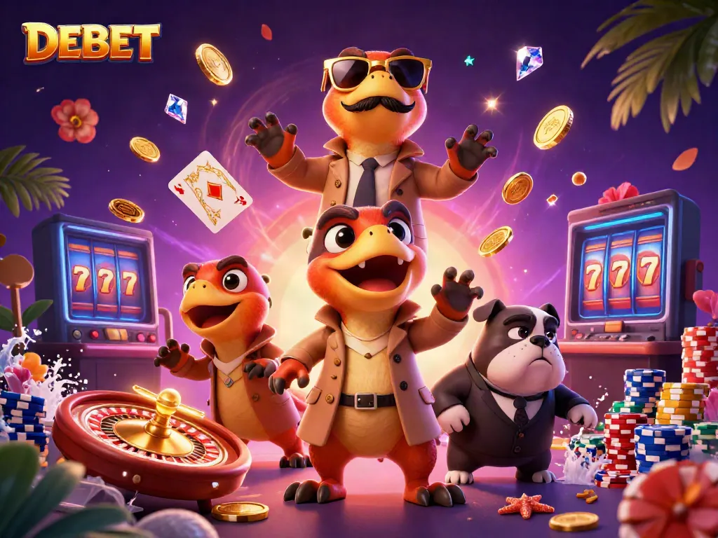 Experience DEBET's thrilling casino atmosphere as cartoon raptors sneak into a VIP lounge.