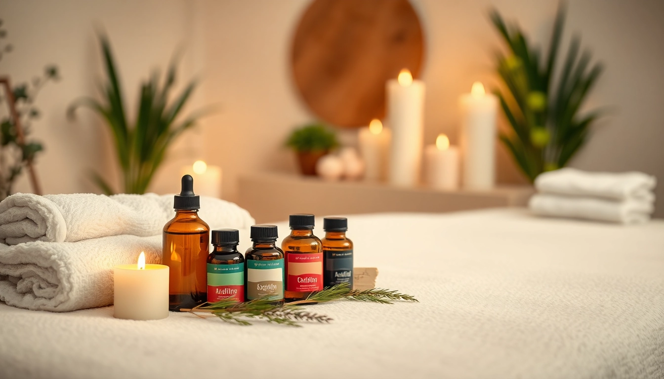 Aromatherapie massage in berlin mit duftenden ätherischen Ölen auf einem Massagetisch.