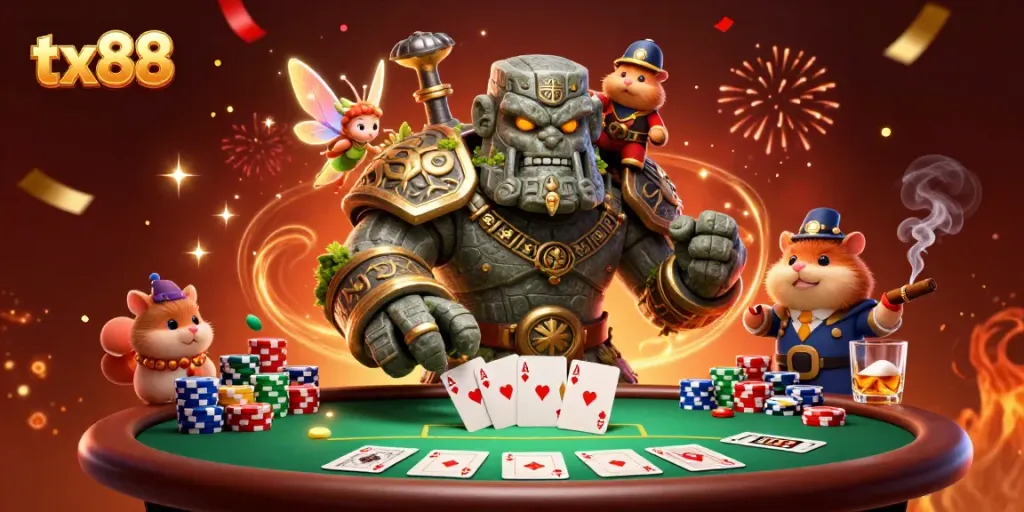 Engage with tx88's lively poker fantasy scene depicting a golem guardian, fairy magic, and hamster knight.