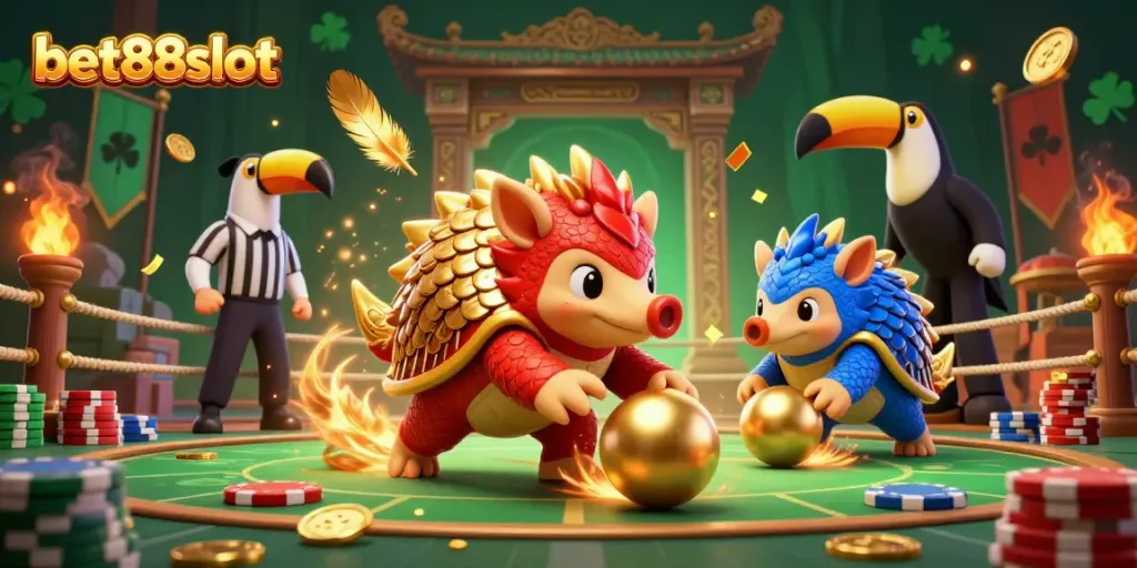 Dynamic scene with bet88slot pangolins bowling through poker chips in a vibrant casino atmosphere.