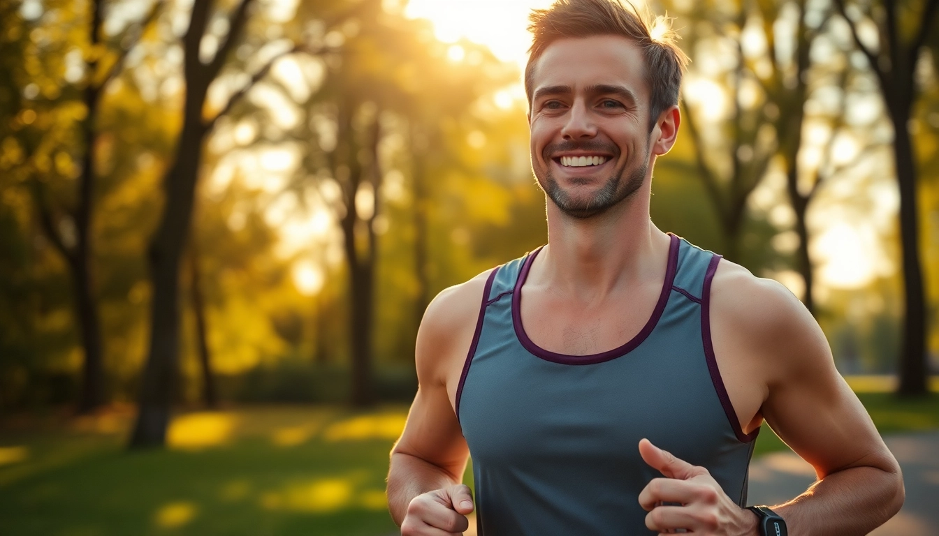 Motivierter Mensch joggt im Park, symbolisiert Gewichtsverlust und gesunden Lebensstil.
