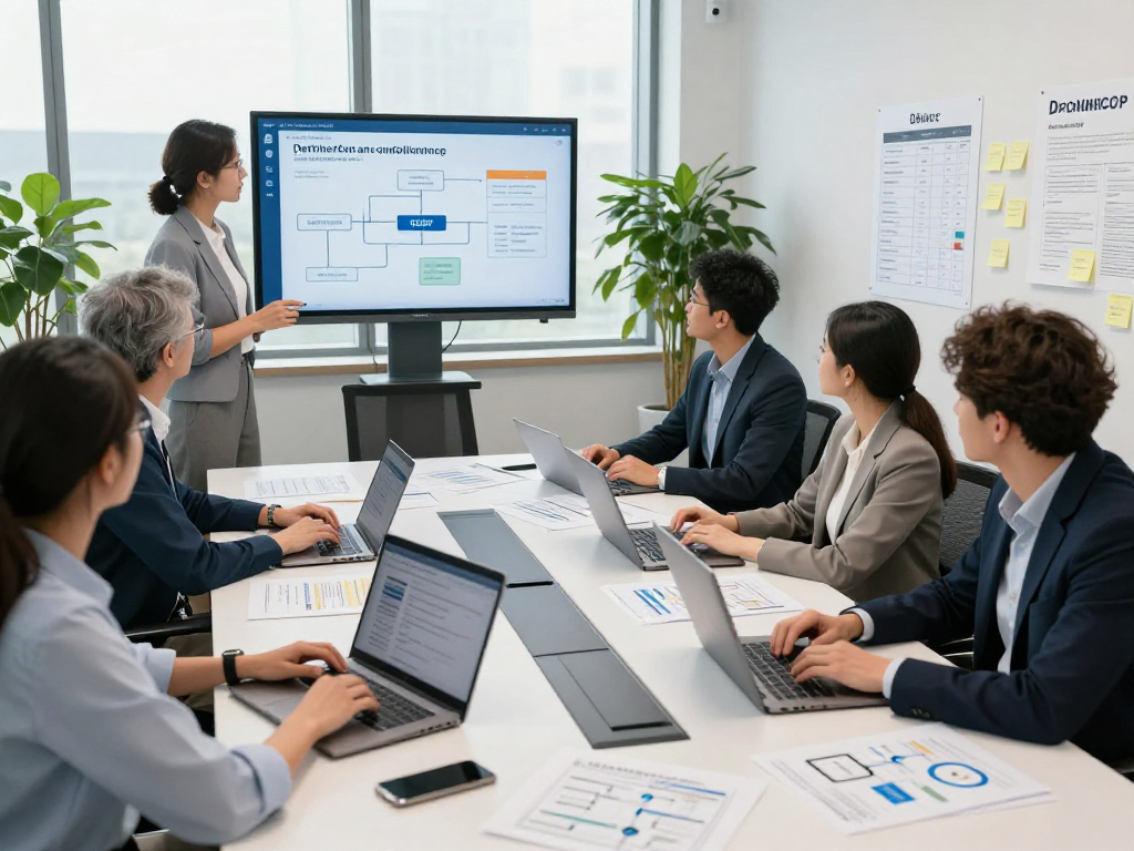 Wissen / Blog-Hub team discussing GDPR compliance strategies in a modern office setting.