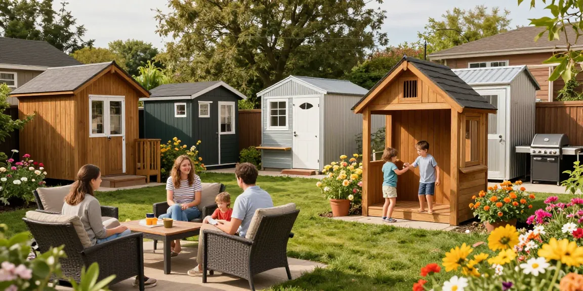 Gartenhäuser im Garten mit einer Familie, die einen sonnigen Tag genießt und Kinder im Holzspielhaus spielen