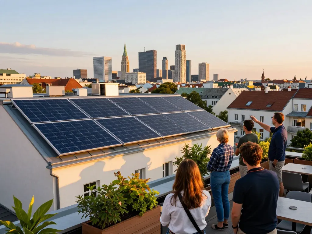Dachsolarpanels Solar Wien über der Wiener Skyline, die nachhaltige Energielösungen in einem städtischen Umfeld fördert.