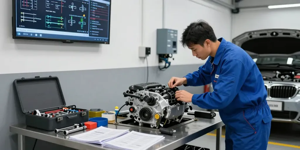 BMW Steuerkette Hannover: Ein Mechaniker prüft den Motor eines BMW in einer modernen Werkstatt.