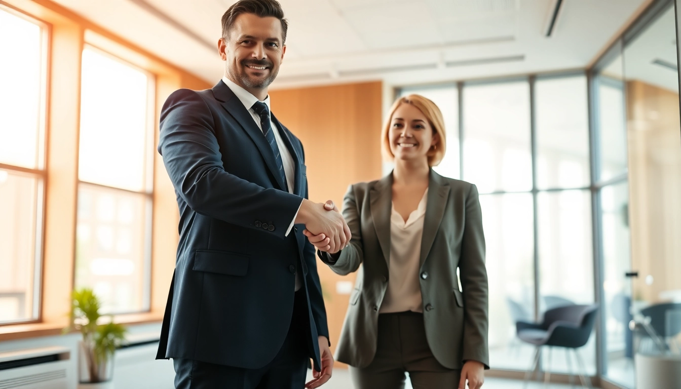 Headhunter Mannheim conducts a handshake in a bright office.
