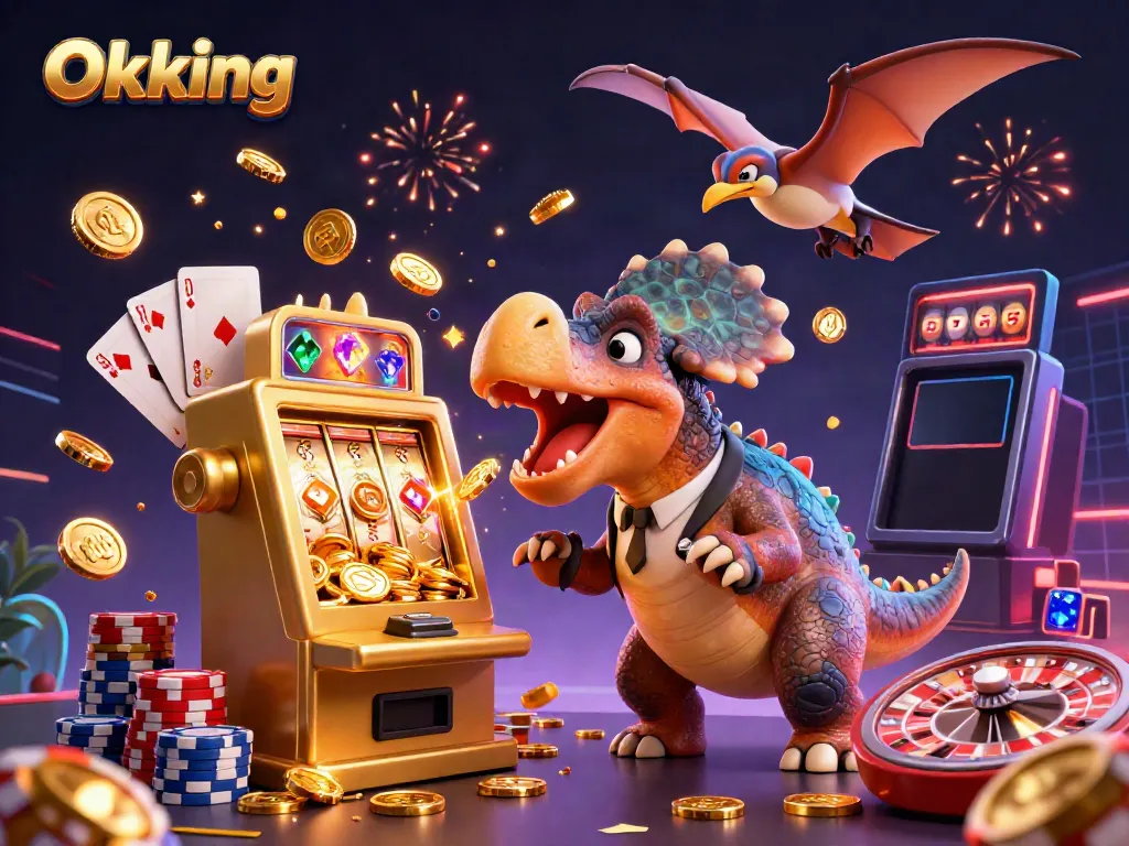 Experience excitement with Okking's dynamic casino scene featuring a dinosaur jackpot celebration.