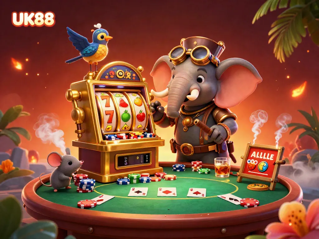Engage with exciting UK88 gaming scenes featuring a steampunk elephant and vibrant slot machines.