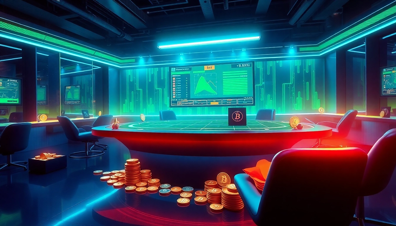 Explore the excitement of a crypto betting platform featuring a futuristic betting table illuminated by vibrant neon colors.