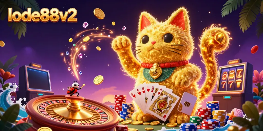 Experience the excitement of lode88v2 with a giant lucky cat and casino symbols bursting with gold coins.