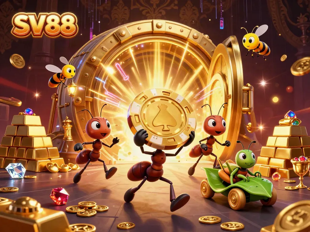 SV88 showcases a 3D team of ants stealing a massive golden poker chip in an exciting casino heist.