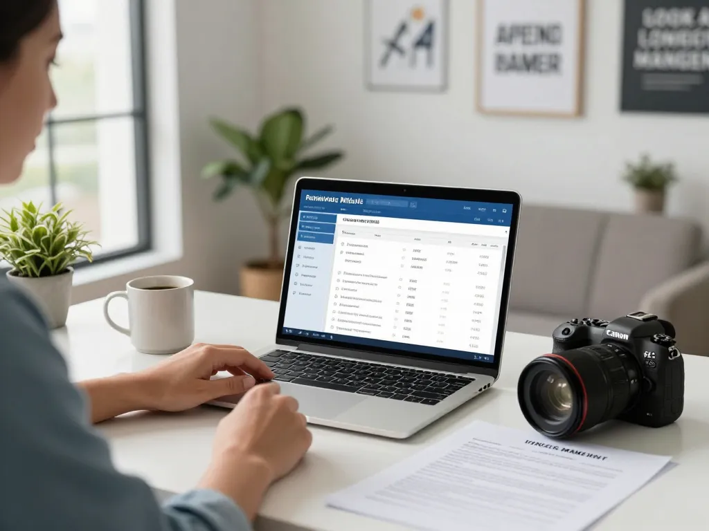 Scène de travail engageante mettant en avant l'utilisation de logiciel gestion locative gratuit avec des outils de gestion immobilière et des documents.