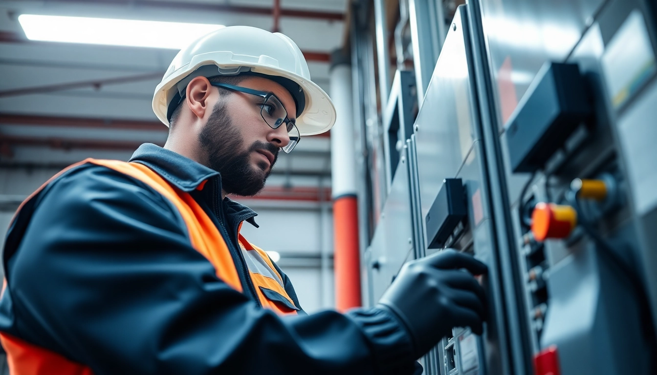 Technician conducting DGUV V3 Prüfung on electrical equipment with inspection tools in a well-lit workshop.