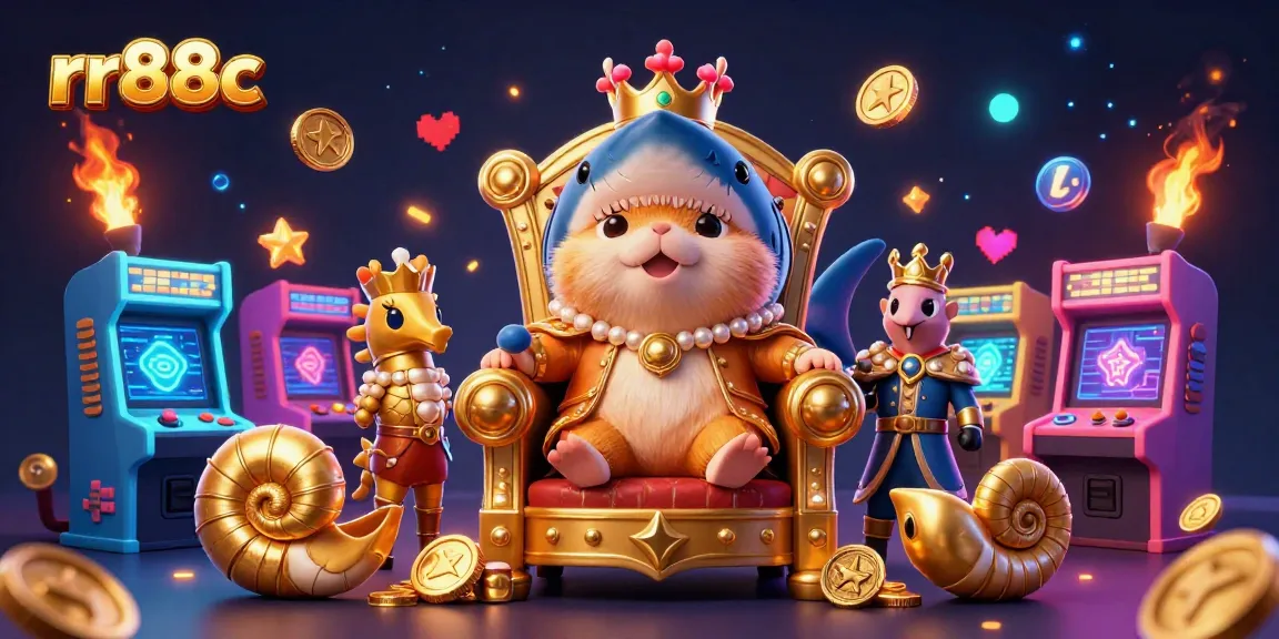 Spin the reels at rr88c with a golden hamster king reigning over vibrant casino gaming elements.